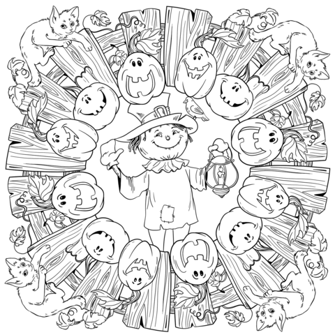 Halloween Mandala With Scarecrow, Jack O' Lantern And Black Cats Coloring Page